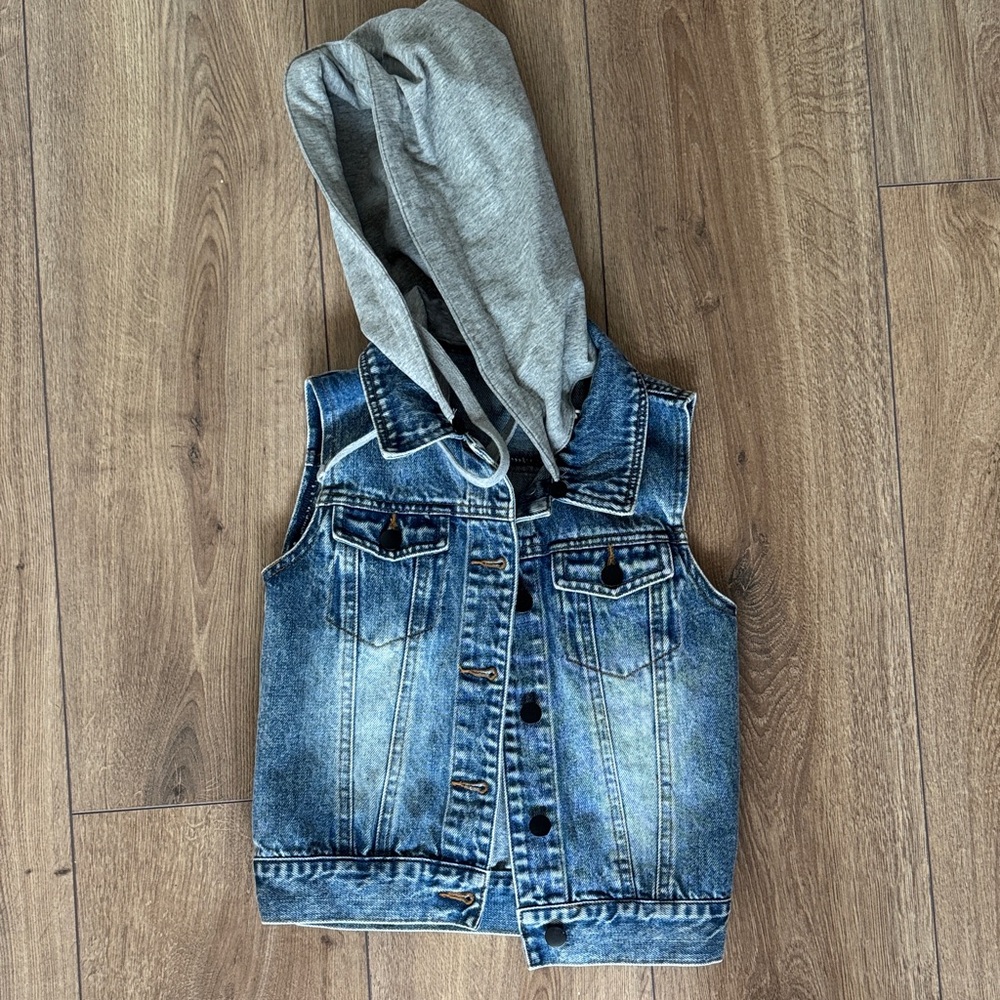 Kids Denim Vest with Removable Gray Hood